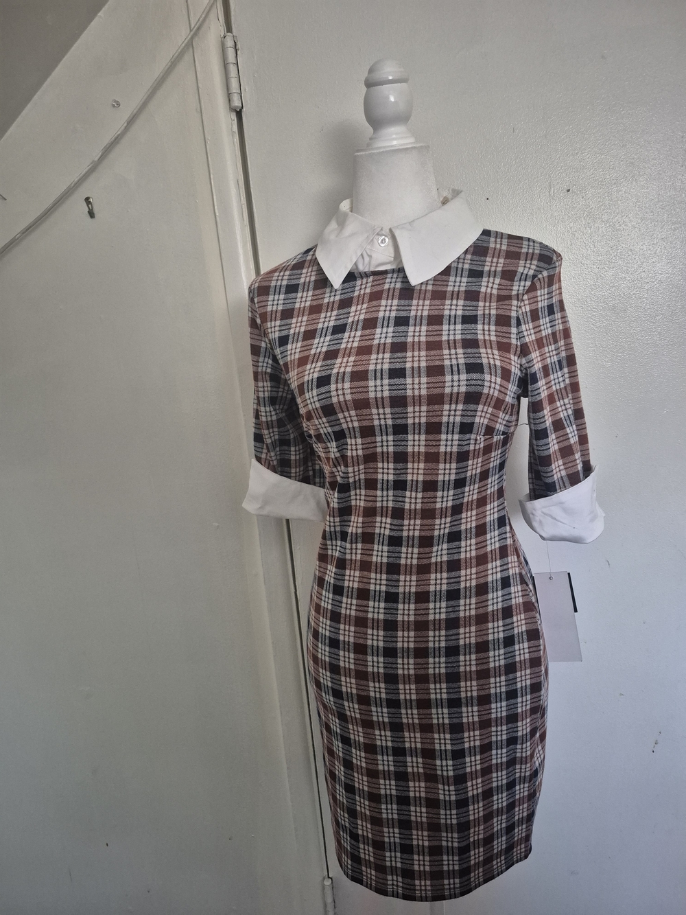 Plaid Dress with White Collar and Cuffs